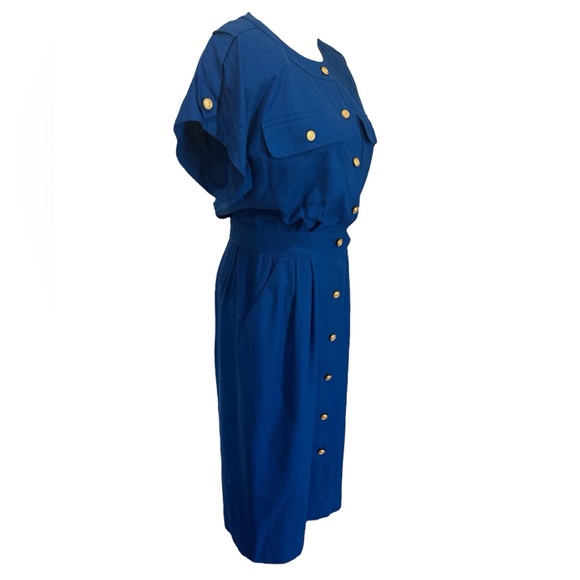 80s LIZ CLAIBORNE ROYAL BLUE SLUBBED SILK COLLARLESS SAFARI SHIRT DRESS SZ 6 - Picture 4 of 10
